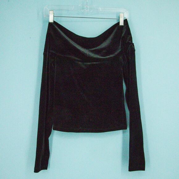 AllSaints Size 0 Black Delta Velvet Off the Shoulder Cross Over V Neck Knit Top - Picture 3 of 6